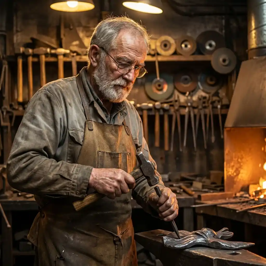 Portrait de Bernard Huguenet, artisan sculpteur dans son atelier en Franche-Comté